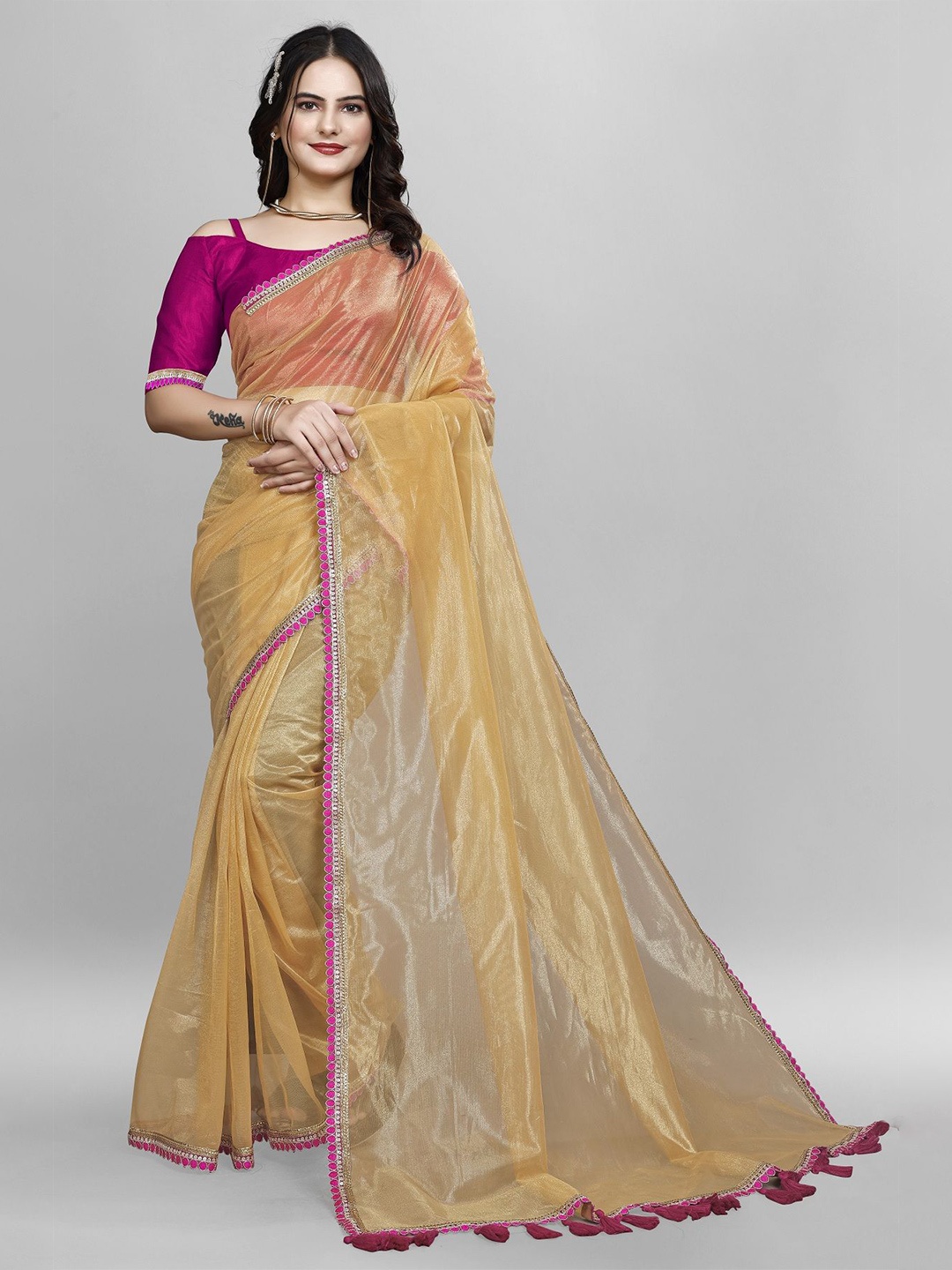 

JULEE Ethnic Net Saree, Gold