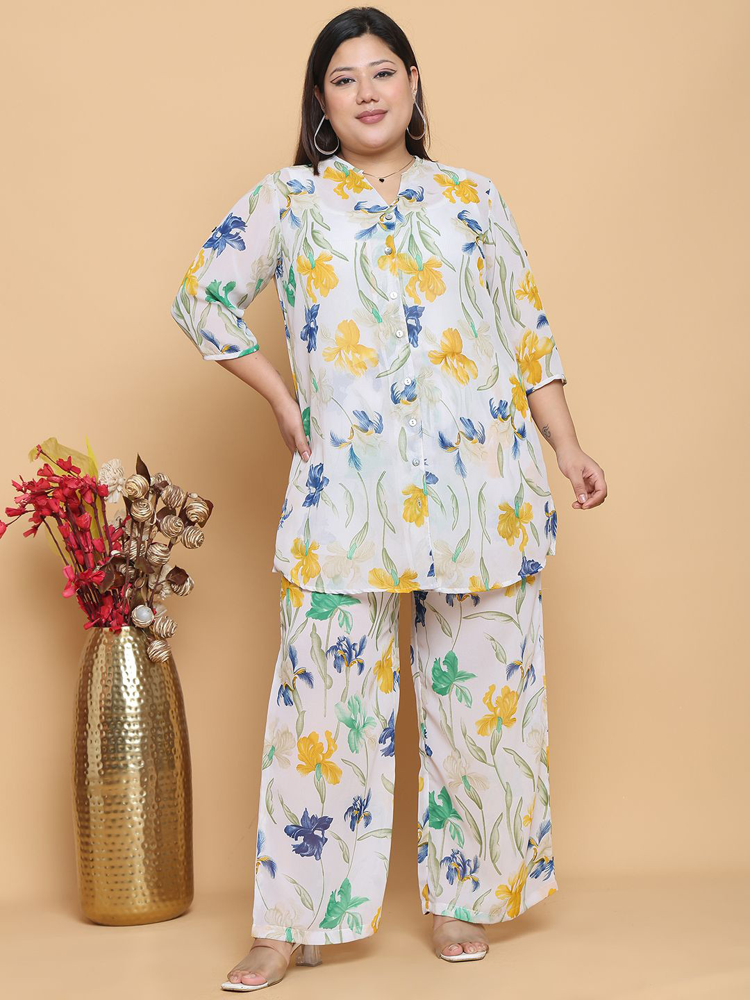 

theRebelinme Plus Size Printed Mandarin Collar Georgette Shirt With Trousers, White