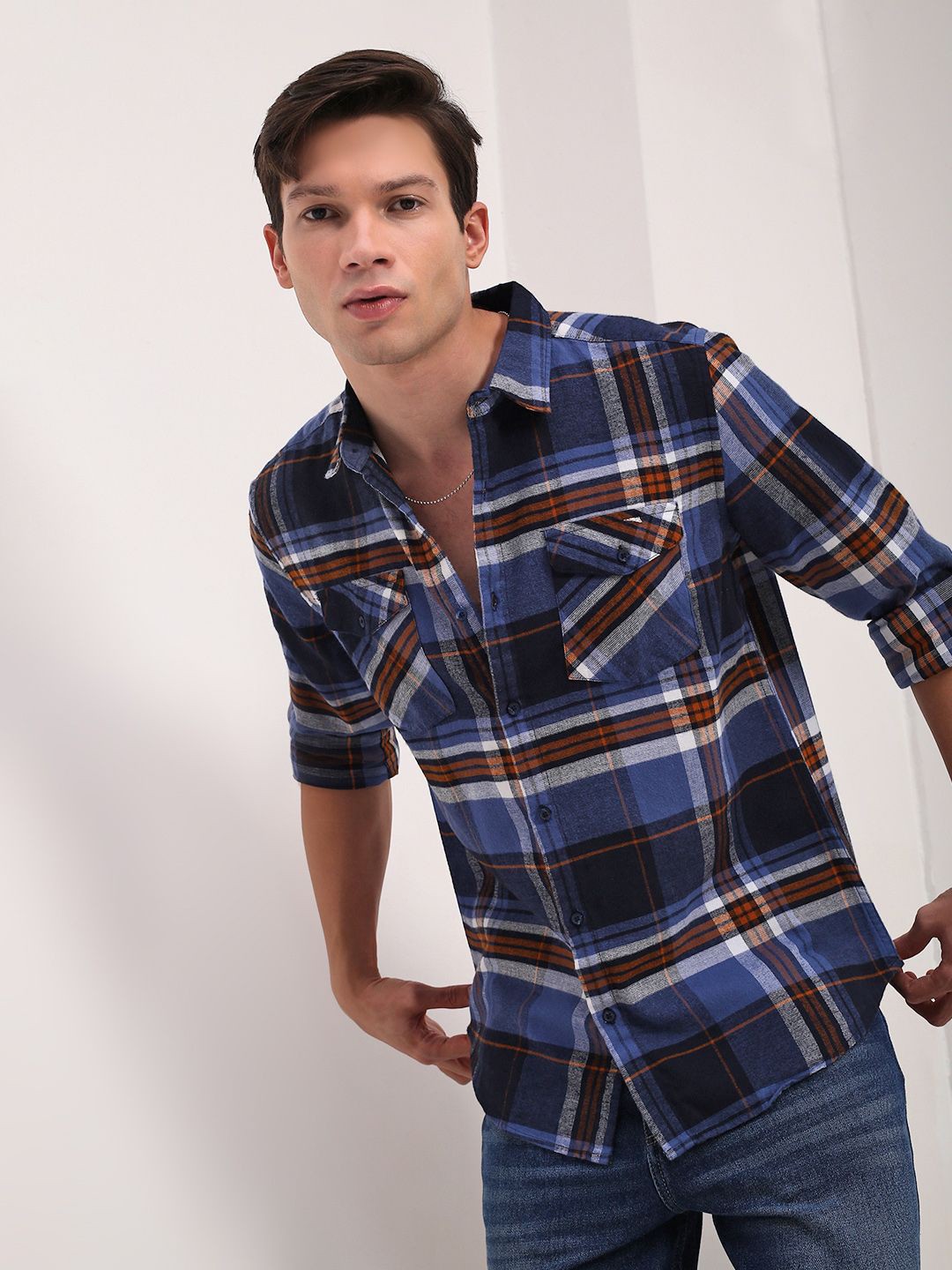 

SHOWOFF Men Comfort Slim Fit Spread Collar Tartan Checked Cotton Casual Shirt, Navy blue