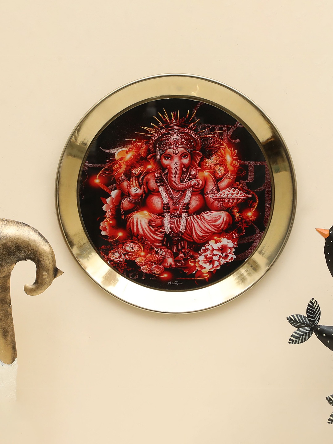 

vedas Mystic Indiana Gold Toned & Red Blessing Ganesha Printed Wall Plate