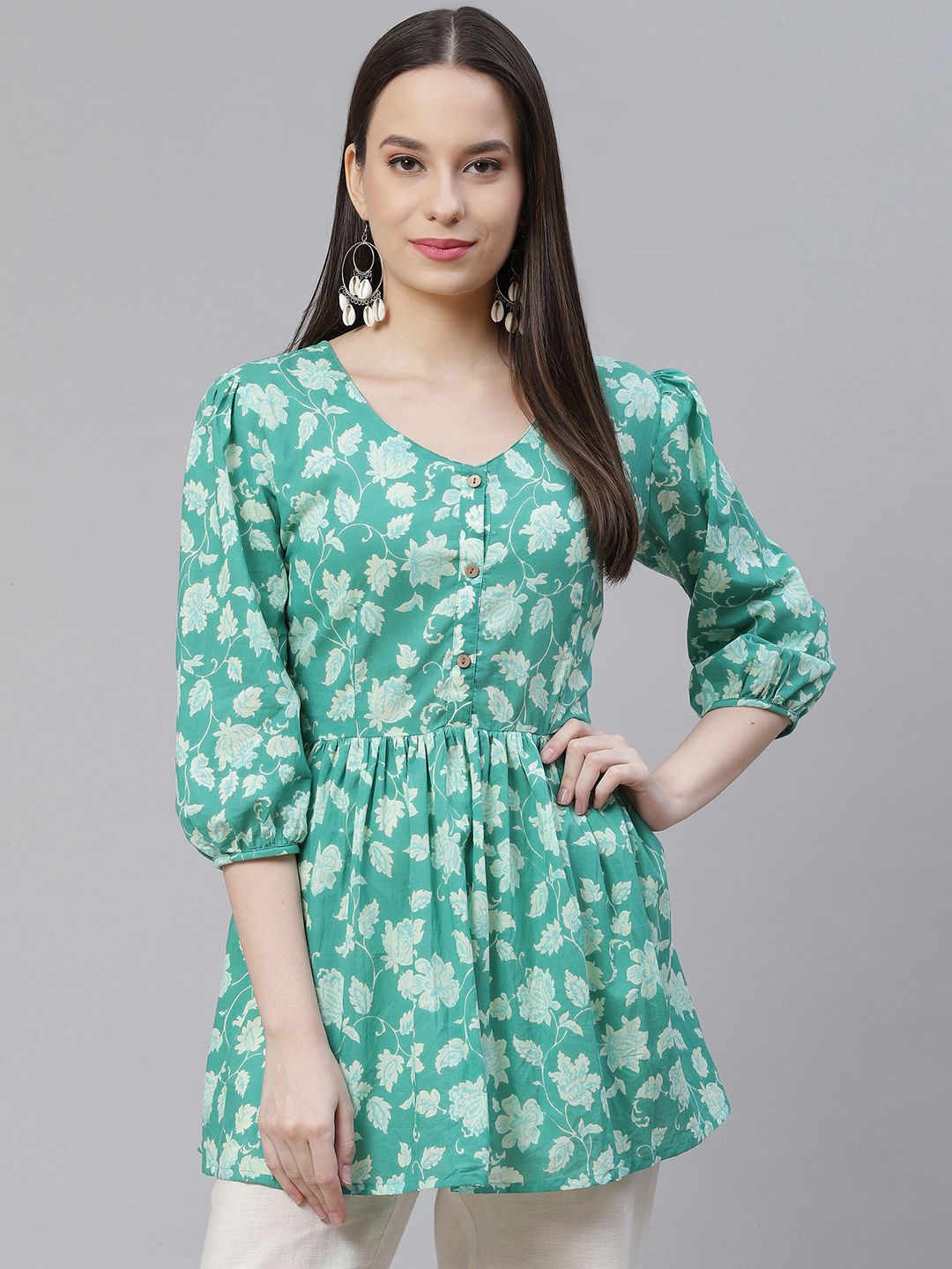 

BAESD Floral Print Bell Sleeve Cotton Peplum Top, Green