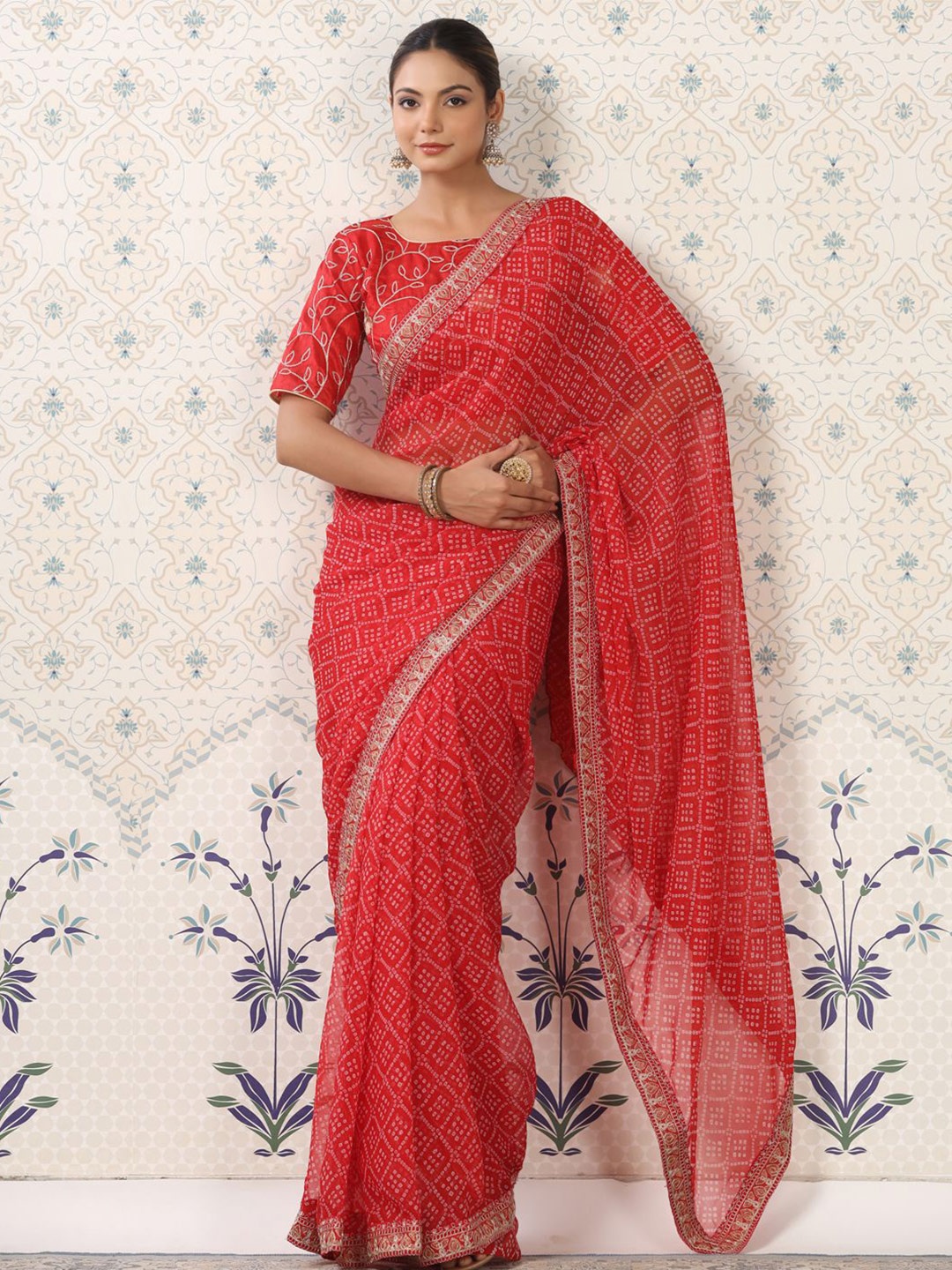 

Ode by House of Pataudi Bandhani Pure Georgette Bandhani Saree, Red