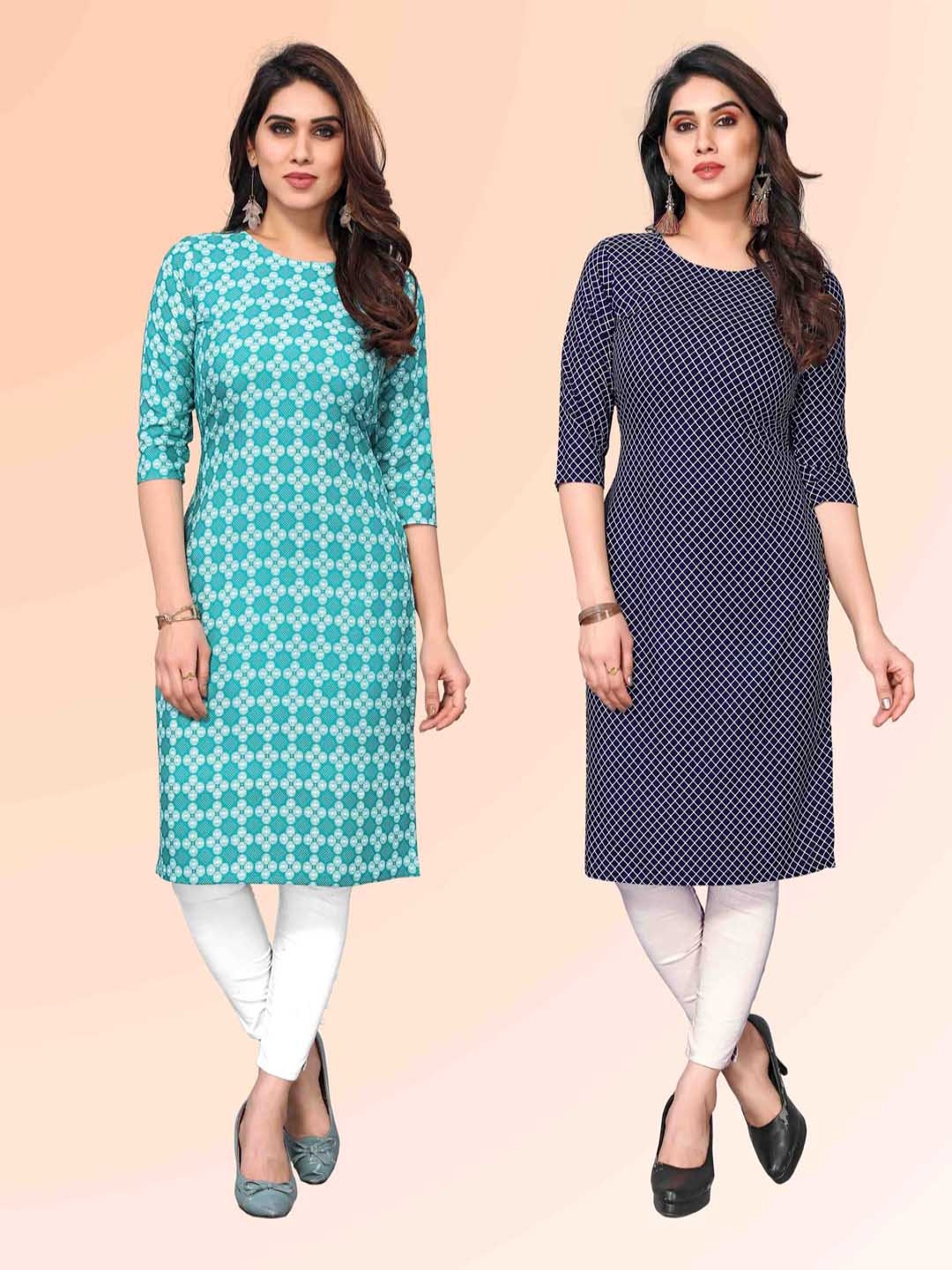 

KETAKI FASHION Selection Of 2 Ethnic Motifs Printed Round Neck Straight Kurtas, Blue