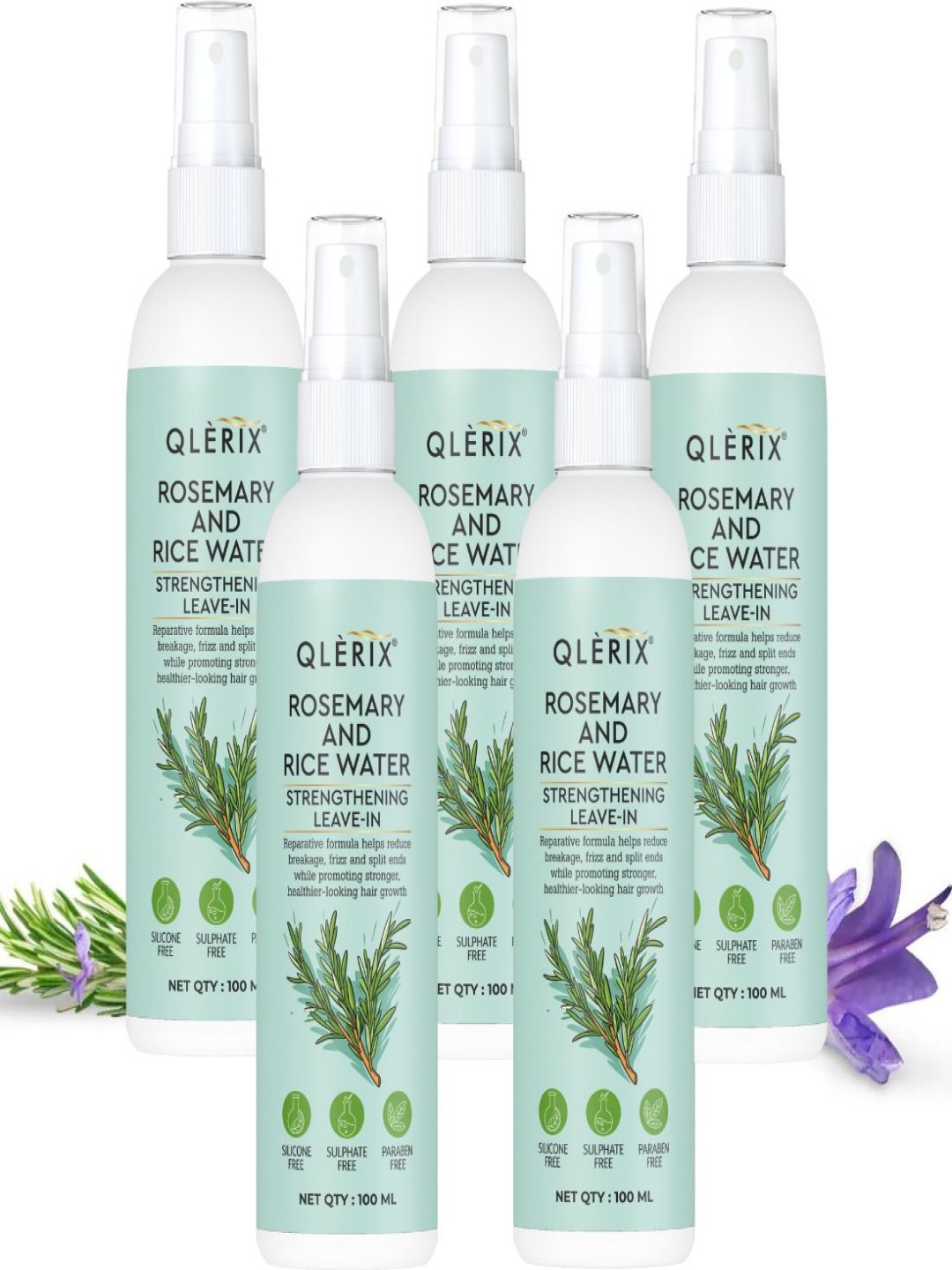 

QLERIX Set Of 5 Rosemary & Rice Water Leave-In Spray For Strengthening Hair - 100 ml Each, Transparent