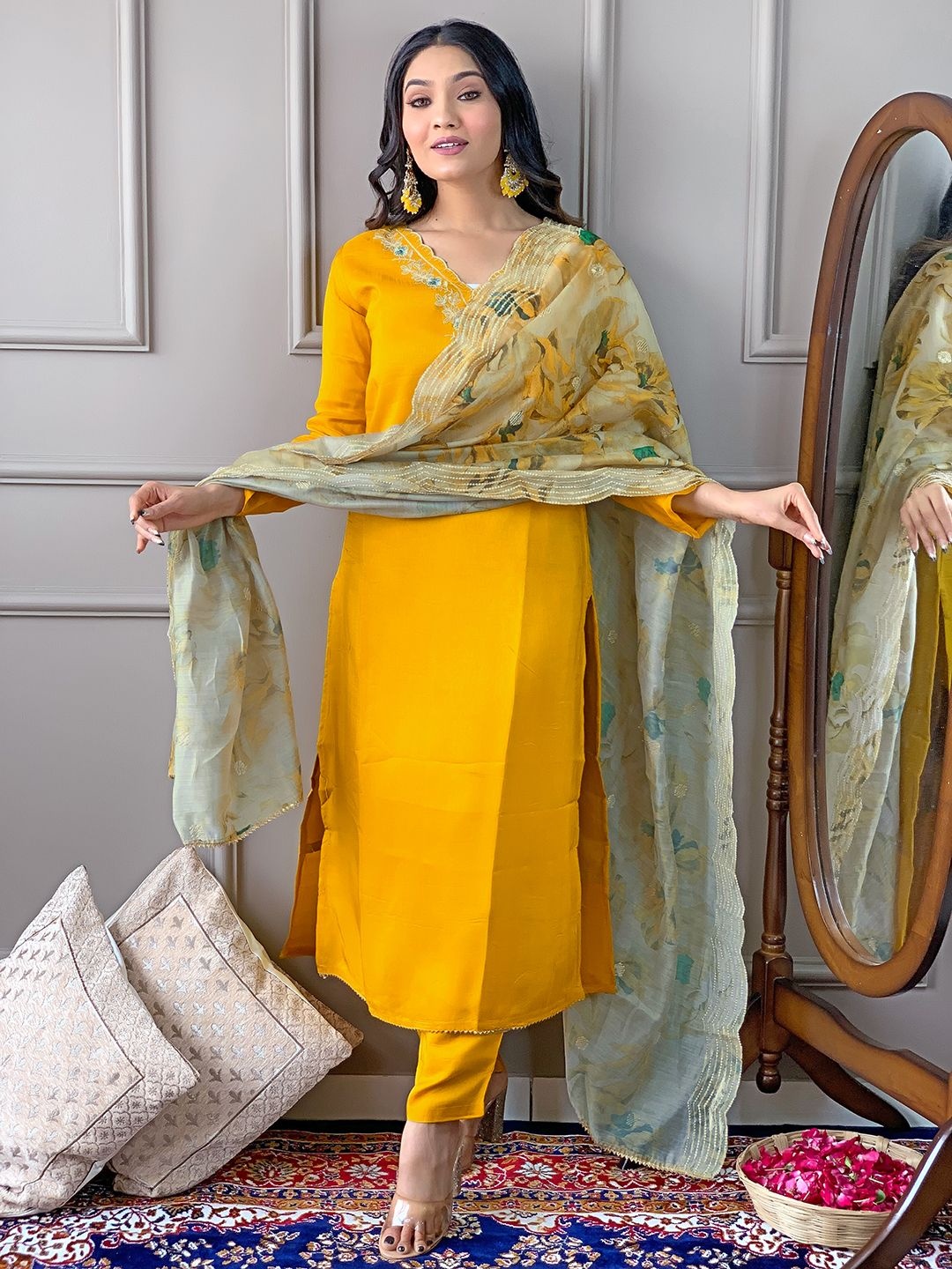 

KALINI Women Floral Yoke Design Regular Thread Work Kurta with Trousers & With Dupatta, Yellow
