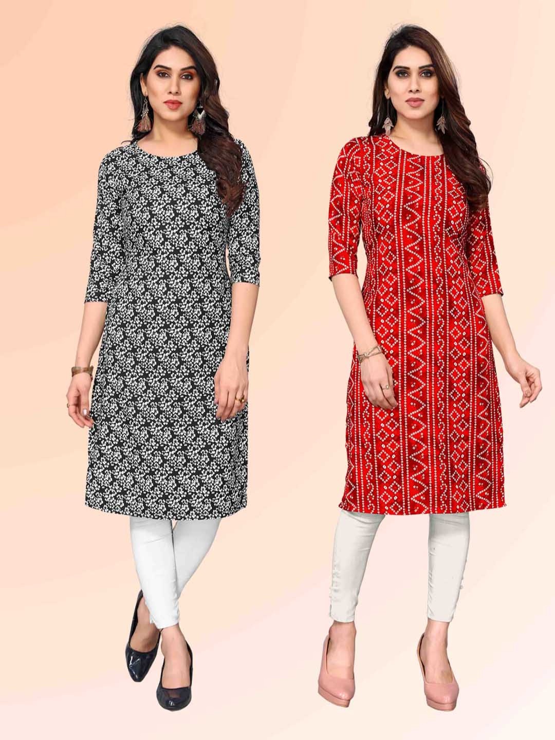 

KETAKI FASHION Selelction Of 2 Ethnic Motifs Printed Round Neck Straight Kurtas, Red