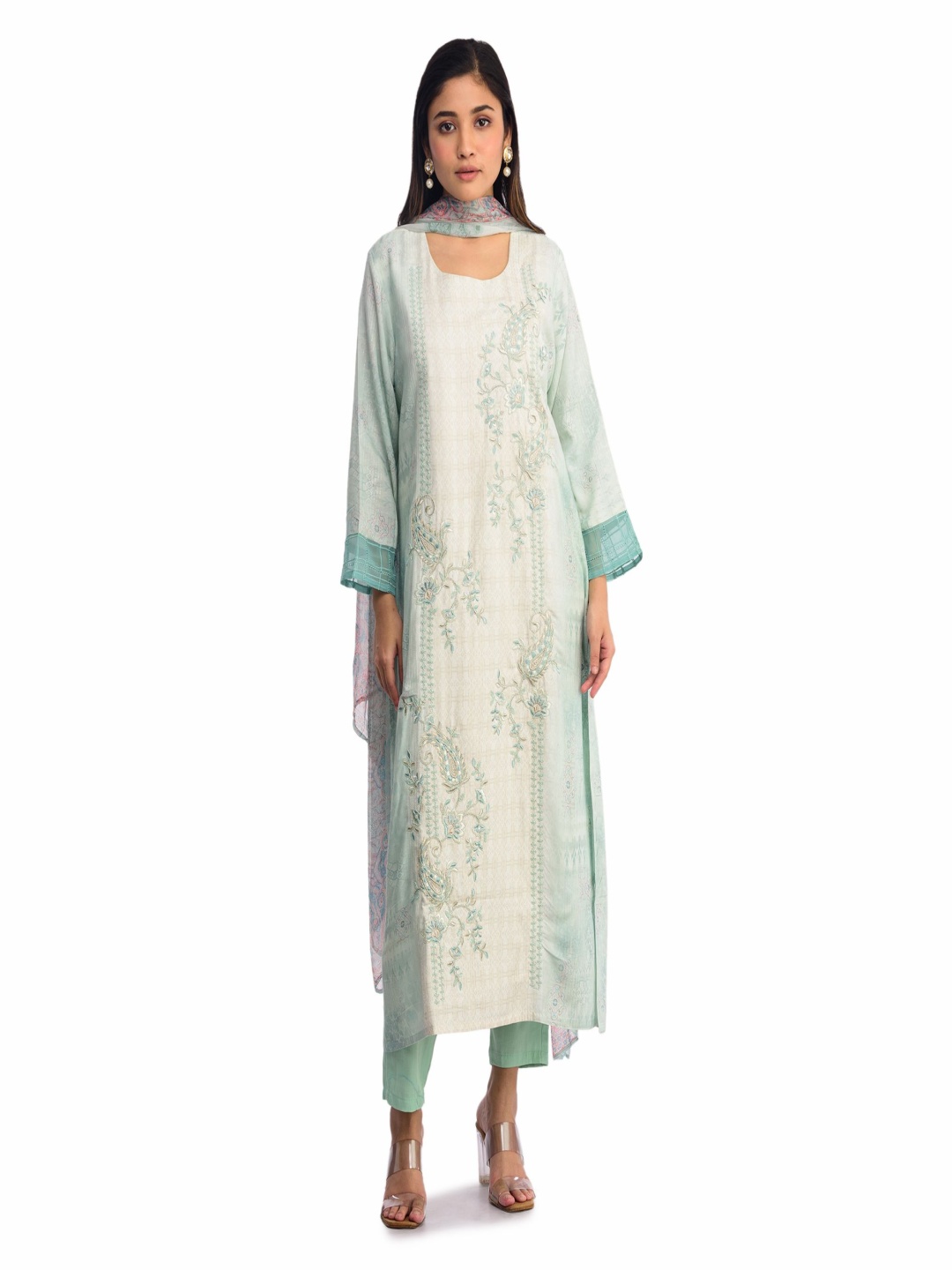 

ISHKIYA Floral Embroidered Straight Kurta With Trousers And Dupatta, White