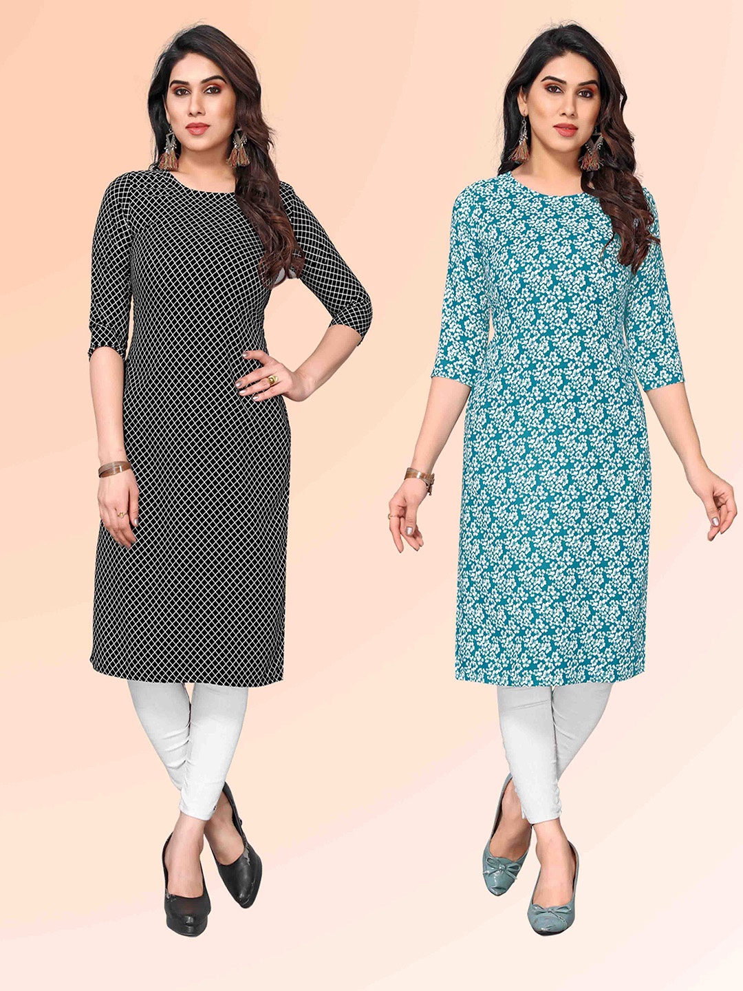 

KETAKI FASHION Selection Of 2 Checked Round Neck Straight Kurtas, Black