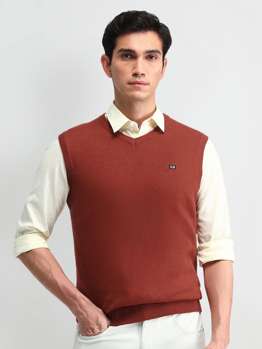 

Arrow Sport Men V-Neck Pure Cotton Sweater Vest Pullover, Rust