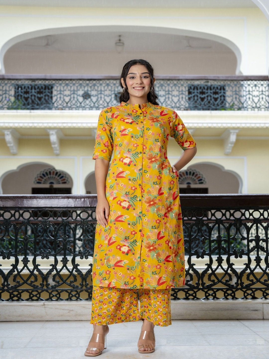 

Ligas Floral Printed Mandarin Collar Cotton A-Line Kurta With Trouser, Yellow