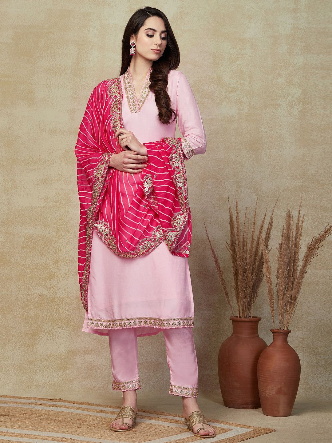 

KALINI Women Ethnic Motifs Embroidered Regular Kurta with Trousers & With Dupatta, Pink