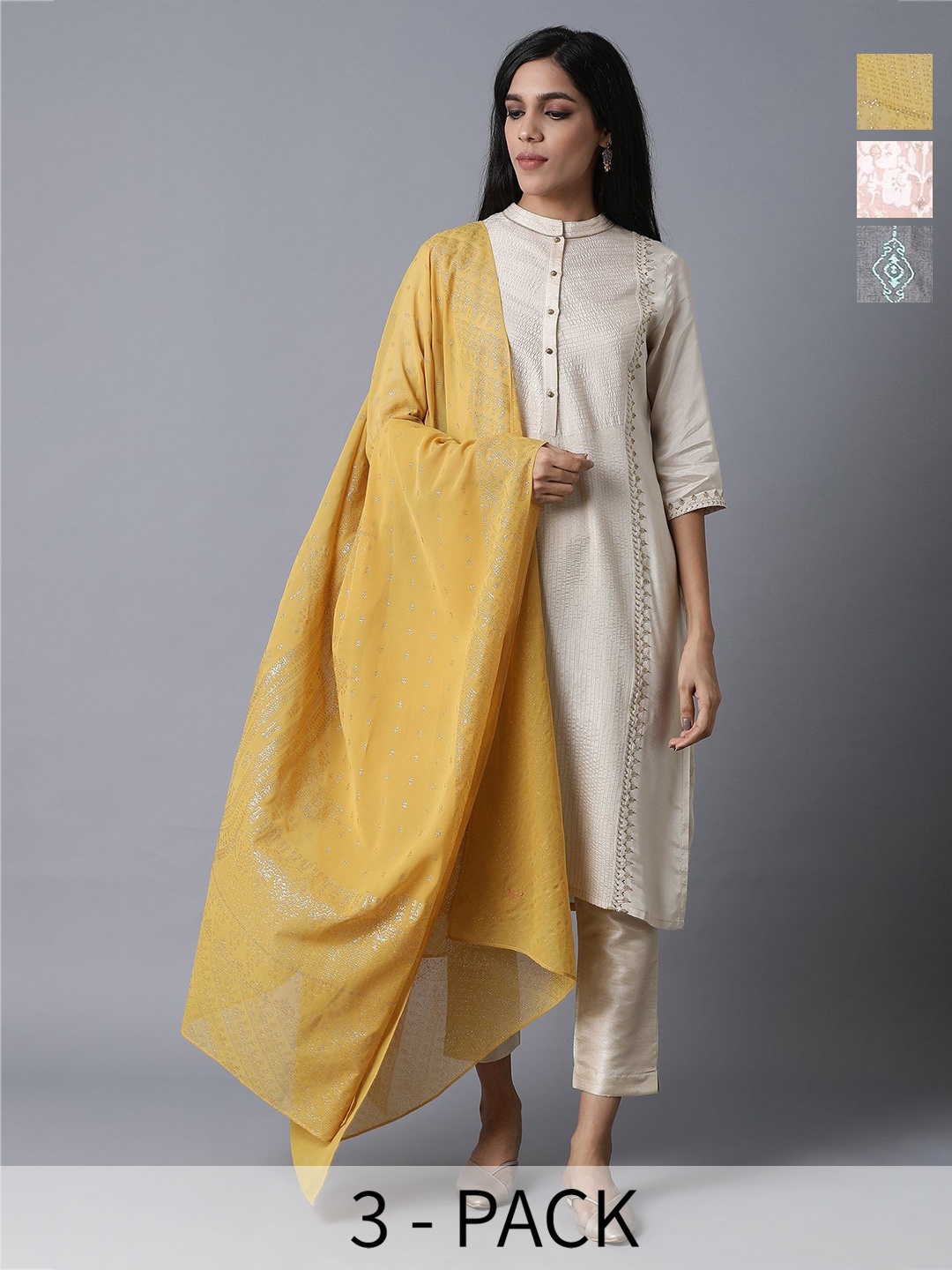 

W Pack of 3 Ethnic Motifs Embroidered Dupattas, Yellow