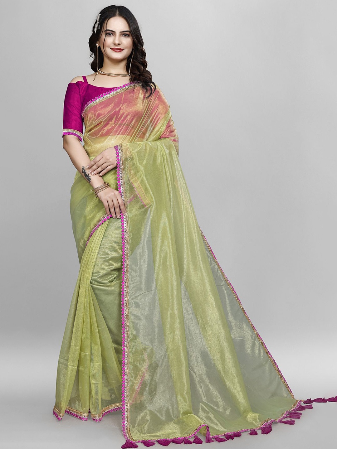 

A TO Z CART Embroidered Net Saree, Olive