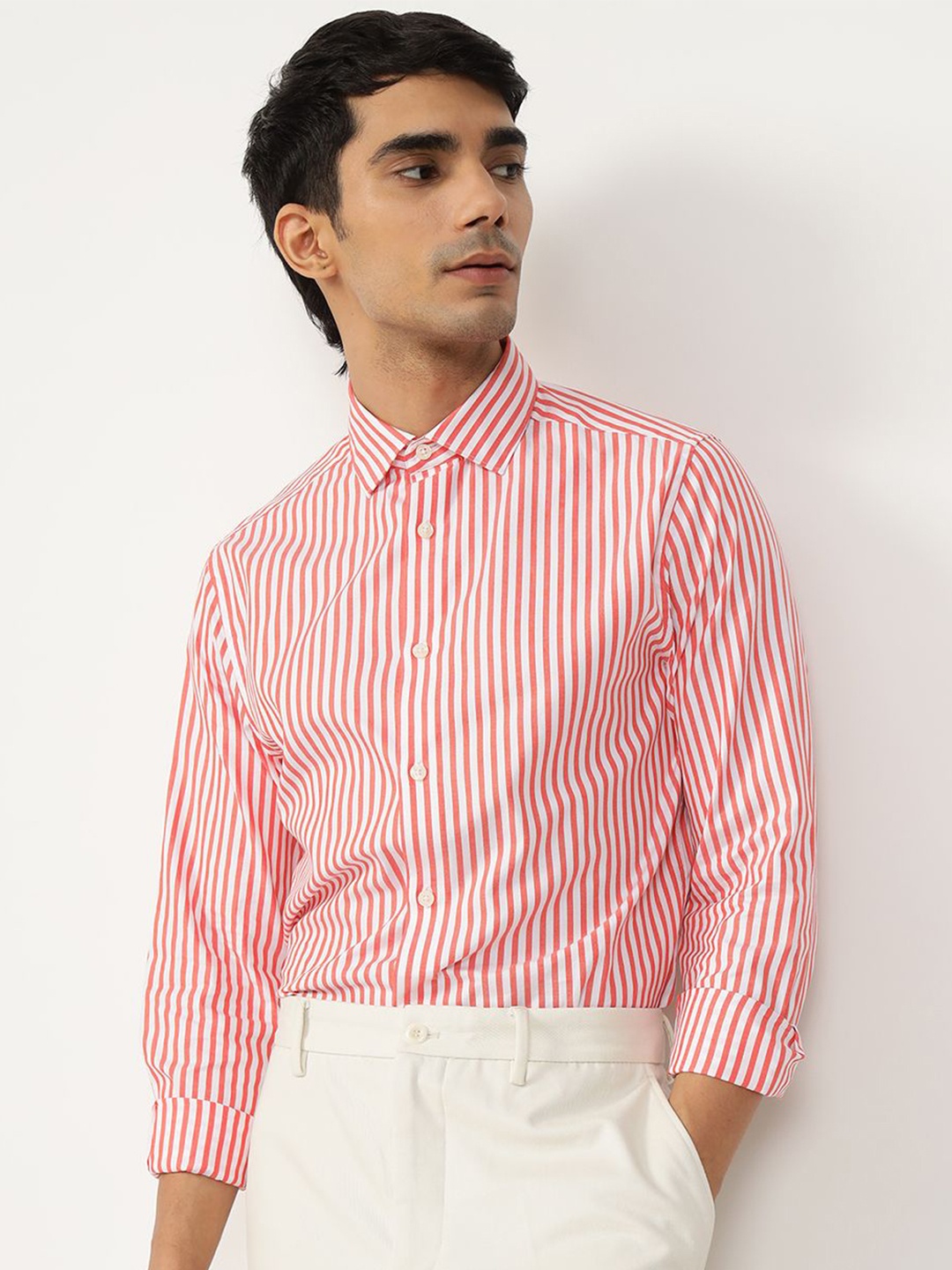

Andamen Semi Formal Men Cotton Stripe Slim Fit Shirt, White
