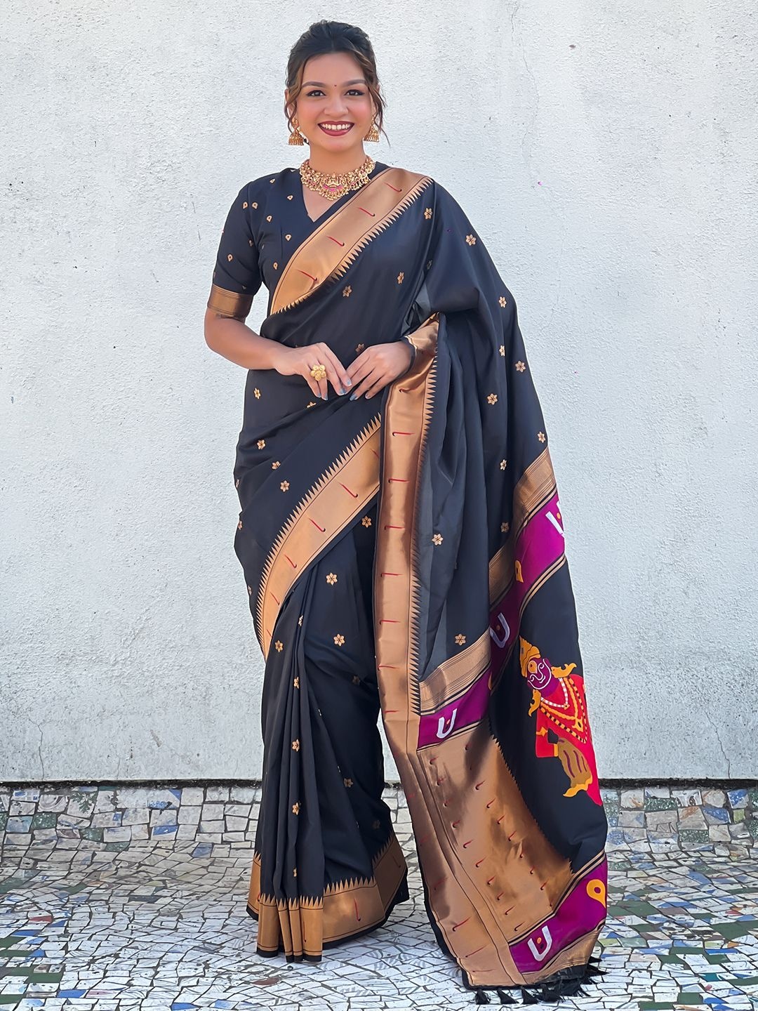 

Mitera Ethnic Motifs Woven Design Zari Paithani Saree, Black