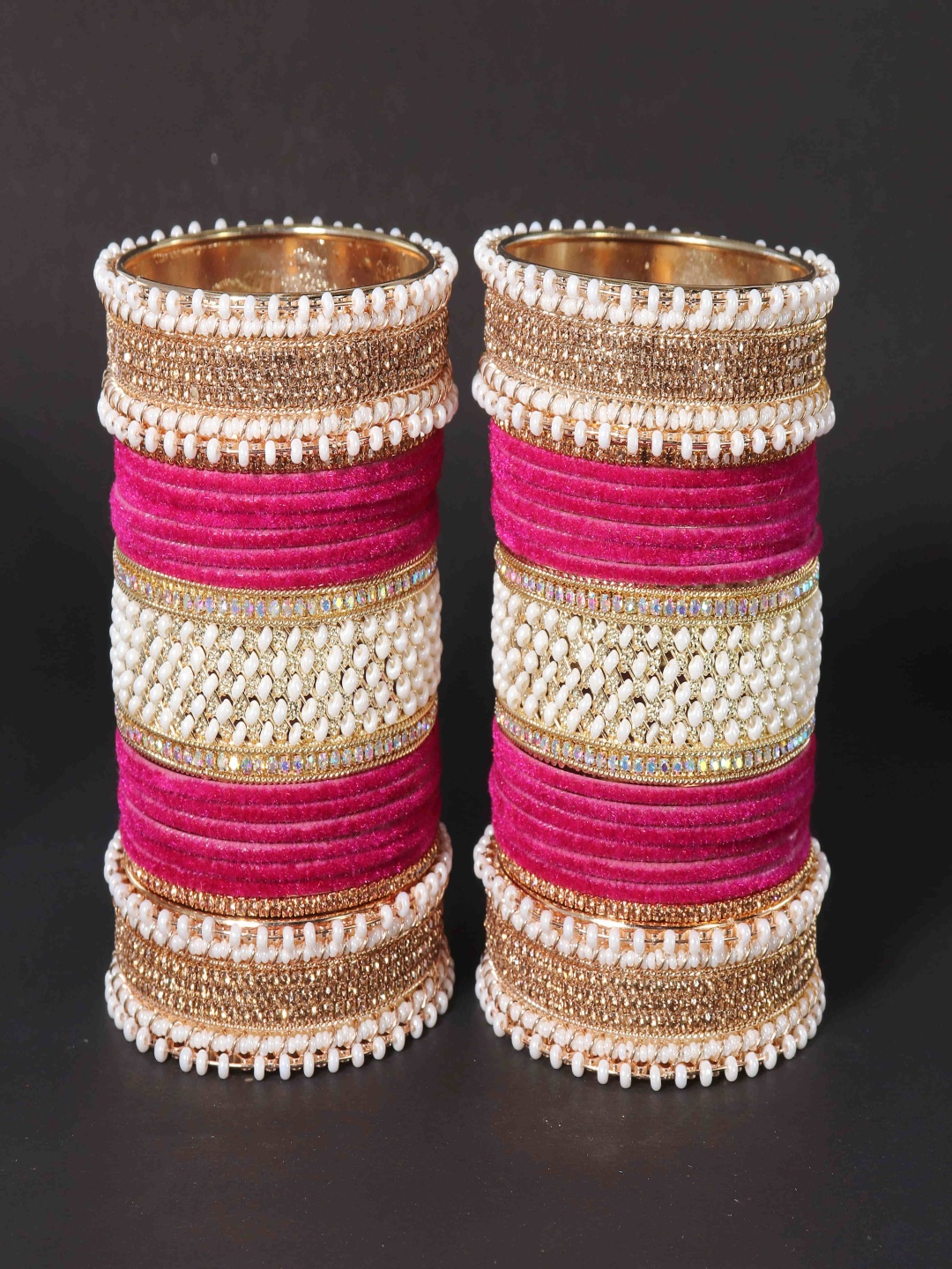 

ZULKA Set Of 34 Zircon Diamond Kundan Stone Studded & Beaded Chuda Bangles, Gold