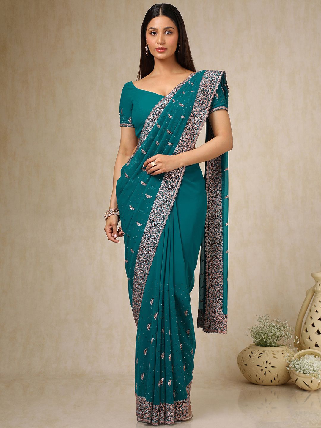 

Soch Ethnic Motifs Beads and Stones Poly Georgette Saree, Teal