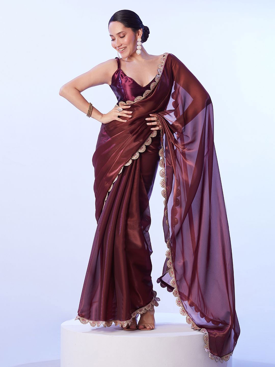 

Kalista Sequinned Embellished Organza Saree, Brown