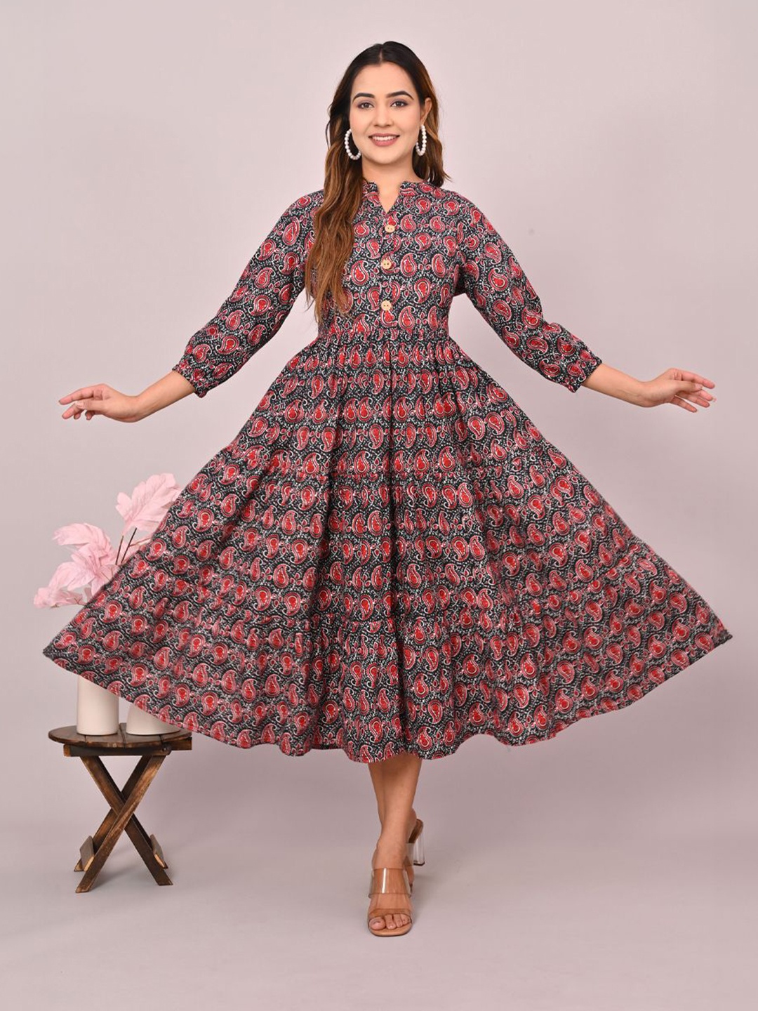 

FABRU Women Ethnic Motifs Printed Mandarin Collar Puff Sleeves Fit and Flare Dress, Black