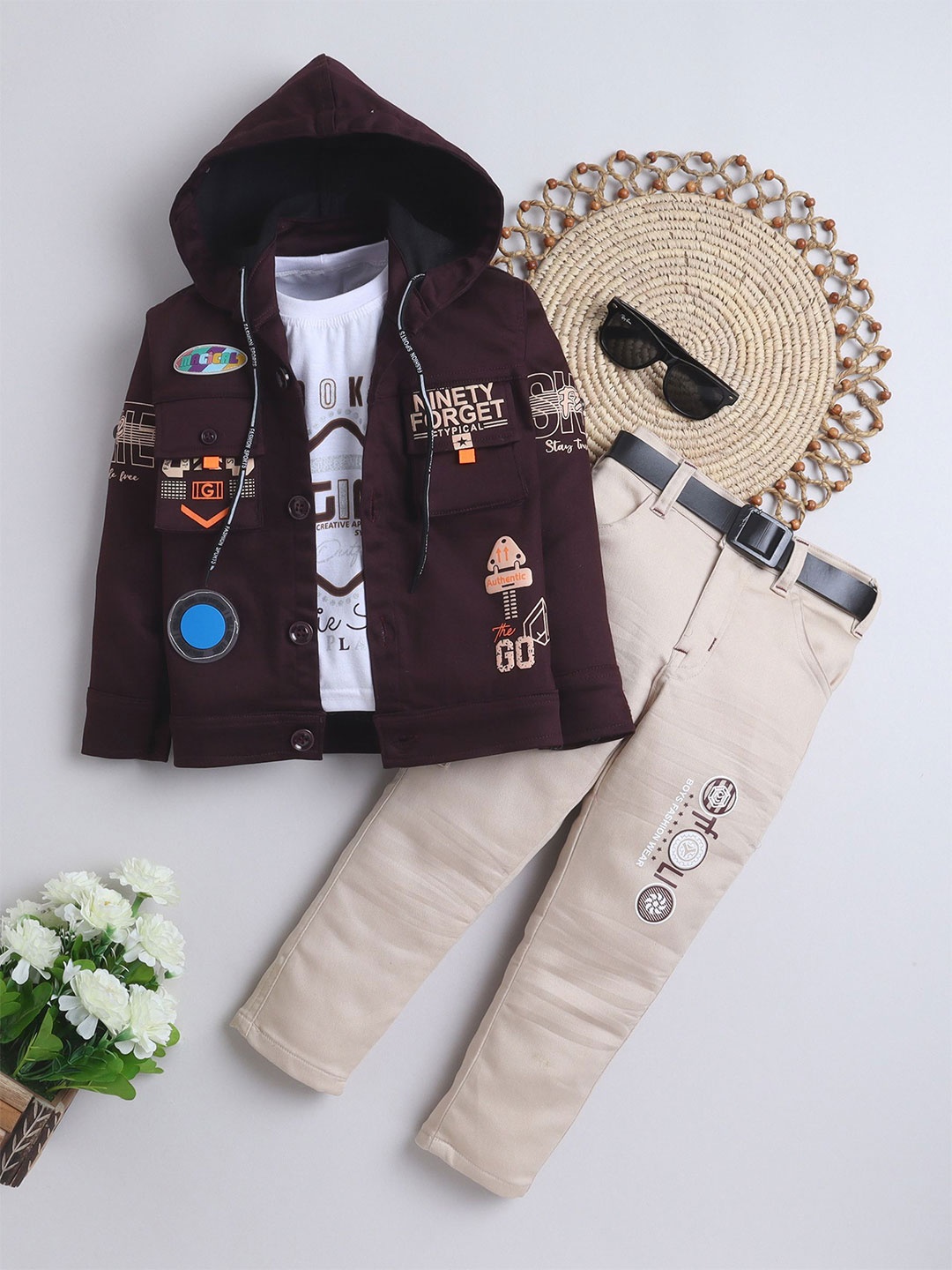 

FOURFOLDS Boys Printed Hooded Jacket With Trousers And T-Shirt, Brown