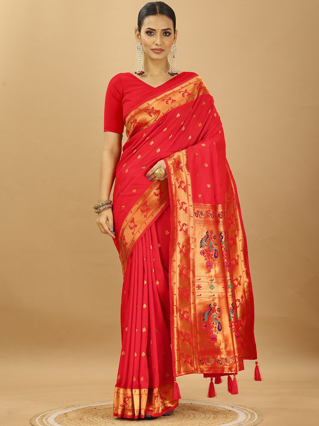 

SWAMI STUDIO Woven Design Zari Pure Silk Paithani Saree, Peach