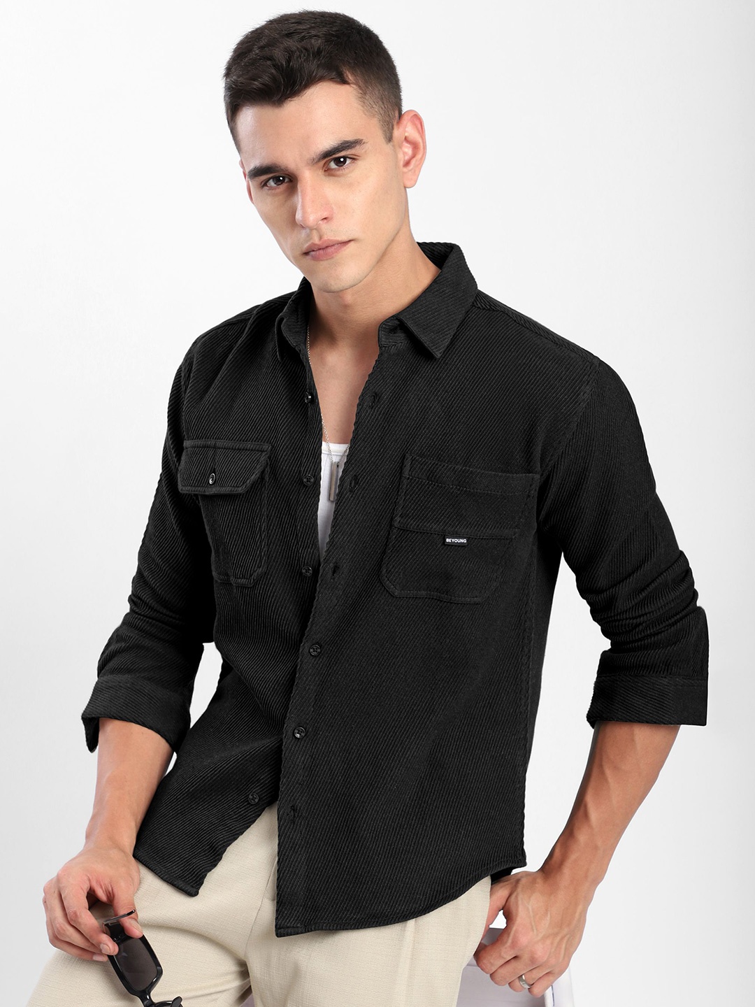 

Beyoung Men Spread Collar Textured Cotton Casual Shirt, Black