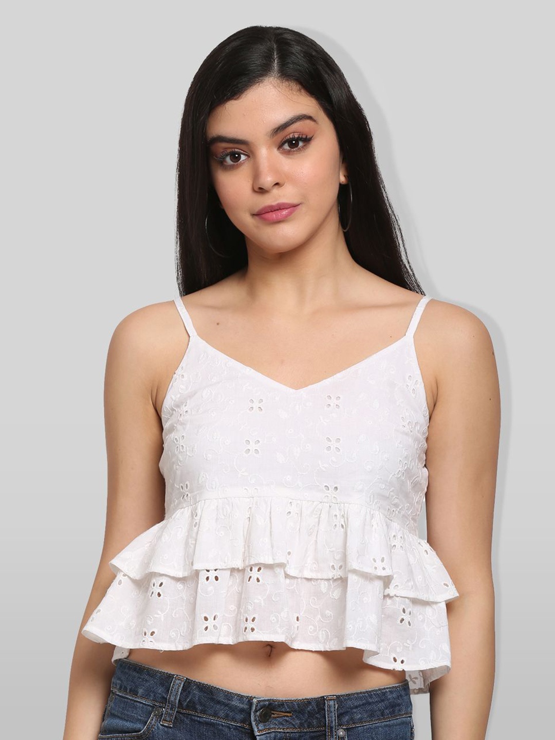 

DressBerry Women Self Design Mandarin Collar Pure Cotton Peplum Crop Top, White