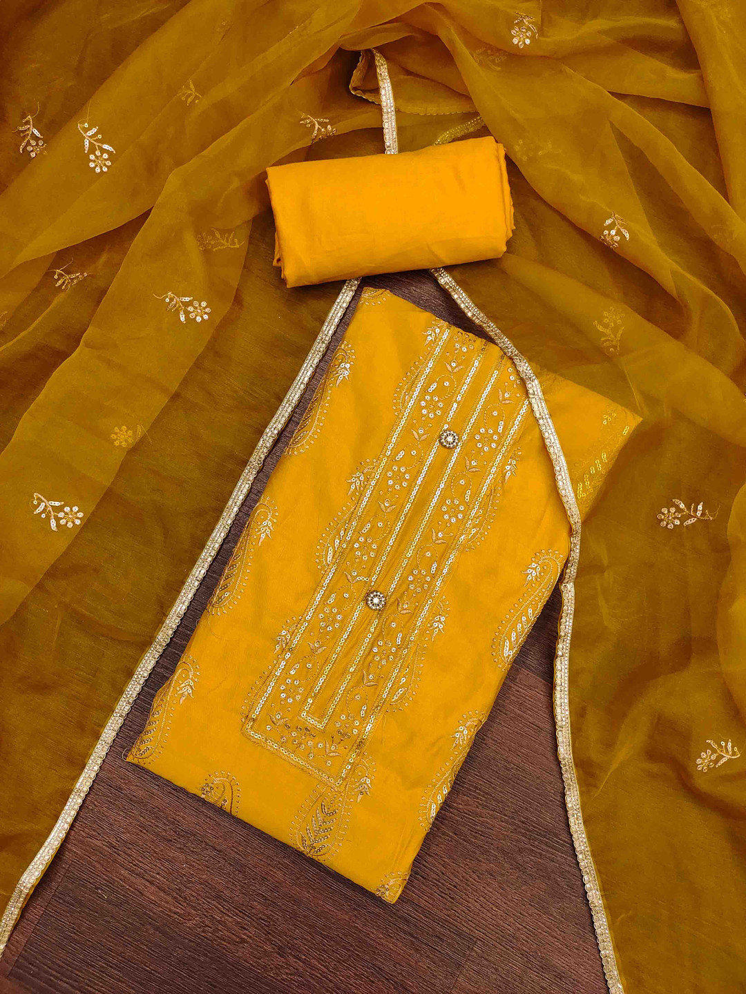 

KALINI Embroidered Unstitched Dress Material, Yellow