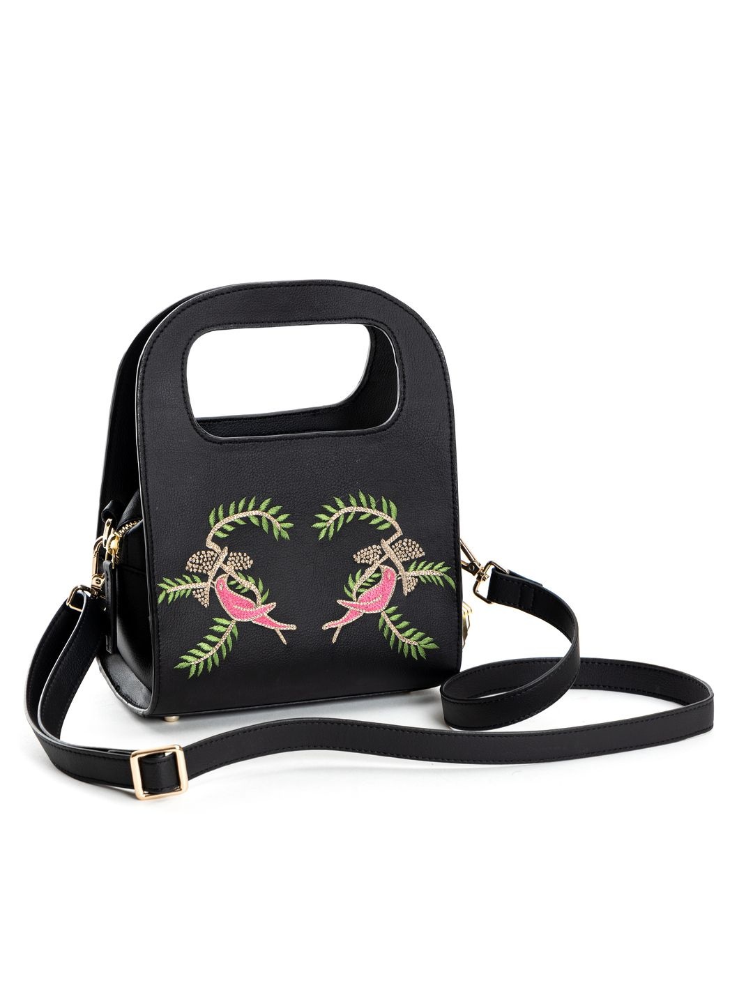 

Green Hermitage Women Floral Printed Structured Leather Satchel Bag, Black
