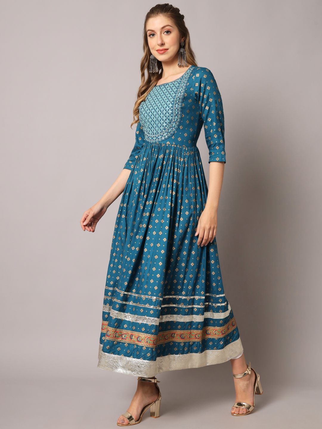 

NYPA Ethnic Motifs Printed Embroidered Round Neck Mirror Work Pleated Anarkali Kurta, Blue