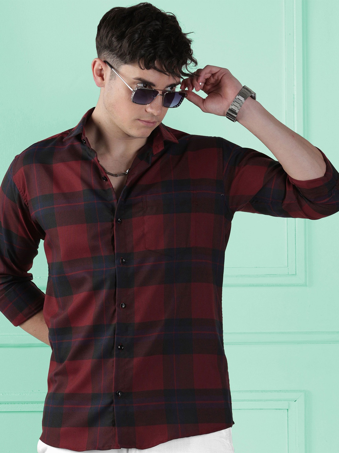 

WOXEN Men Original Spread Collar Buffalo Checked Cotton Casual Shirt, Burgundy