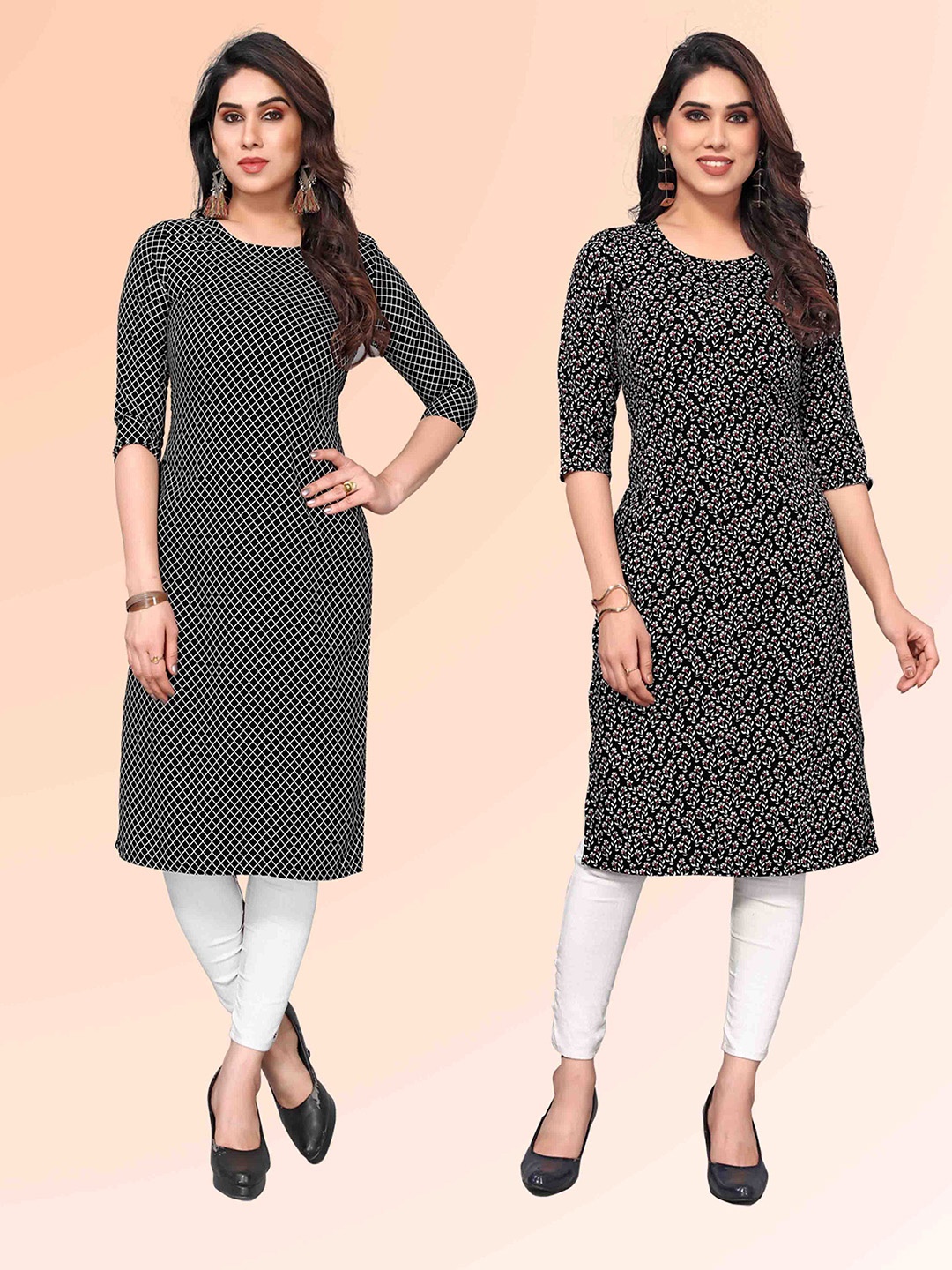 

KETAKI FASHION Selection Of 2 Checked Round Neck Straight Kurtas, Black