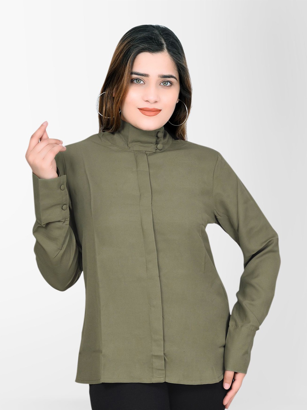 

DELIS Women Monochrome Full Sleeves High Neck Georgette Top, Green