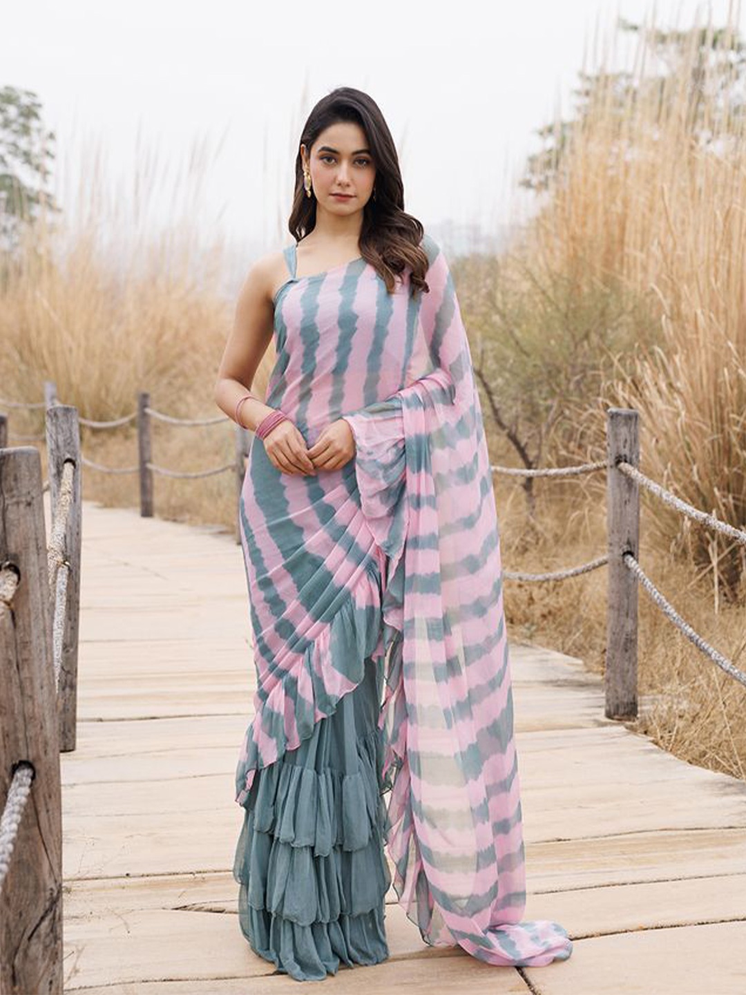 

Geroo Luxe Leheriya Pure Chiffon Ready to Wear Leheriya Saree, Green