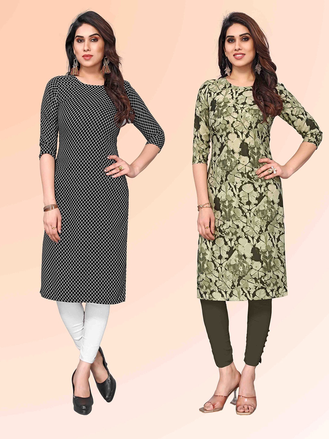 

KETAKI FASHION Selection Of 2 Geometric Printed Round Neck Straight Kurtas, Black