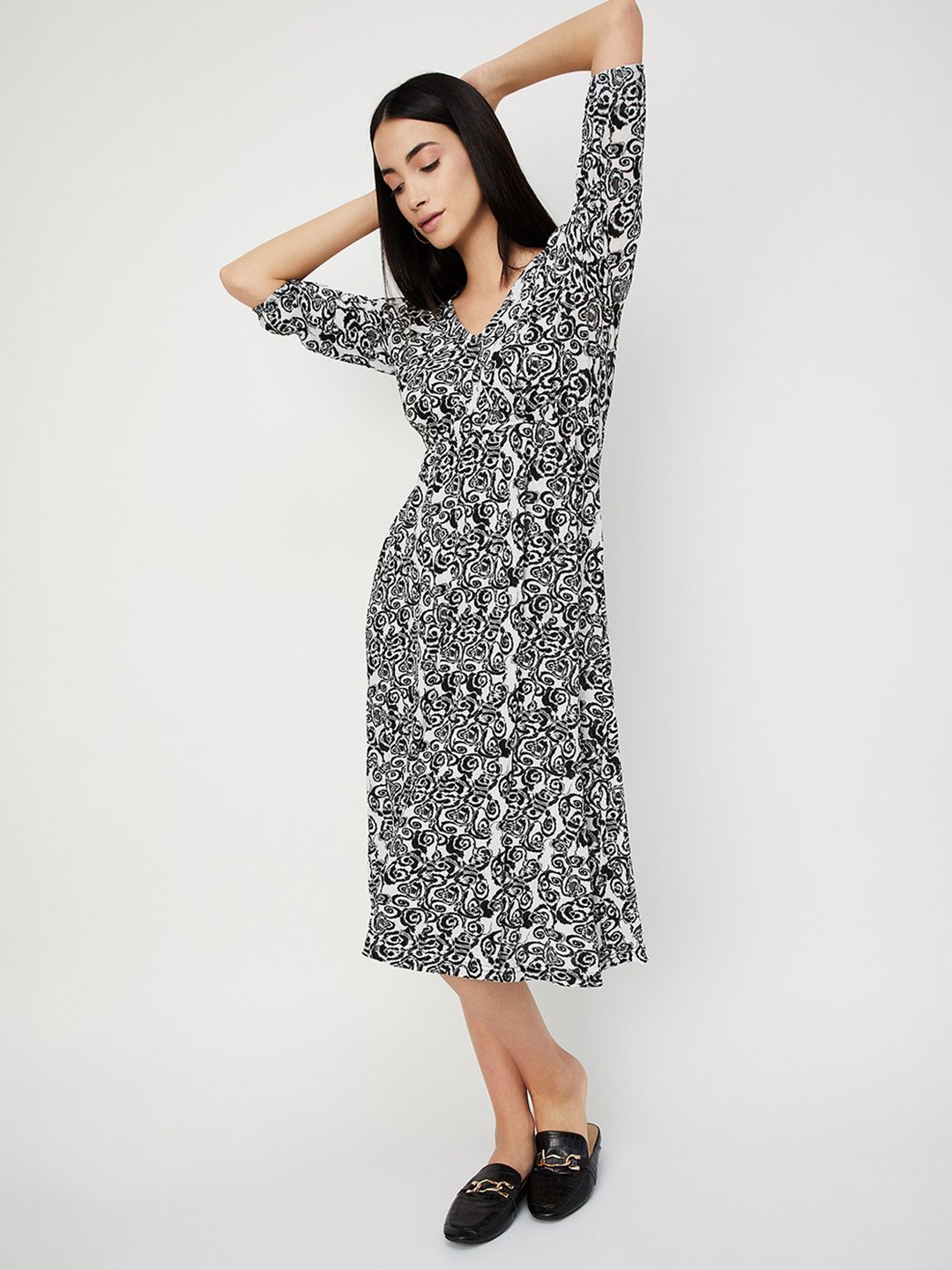 

max Floral Print Fit & Flare Midi Dress, Beige