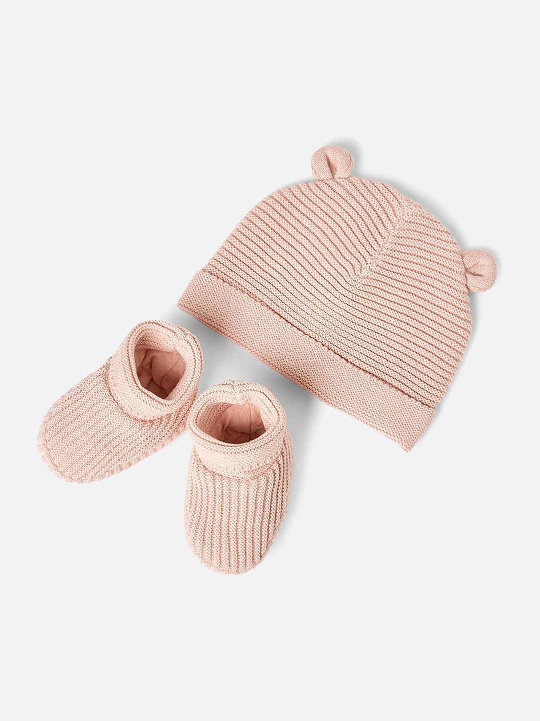

Juniors by Babyshop Kids Cotton Beanie Cap and Booties Set, Peach