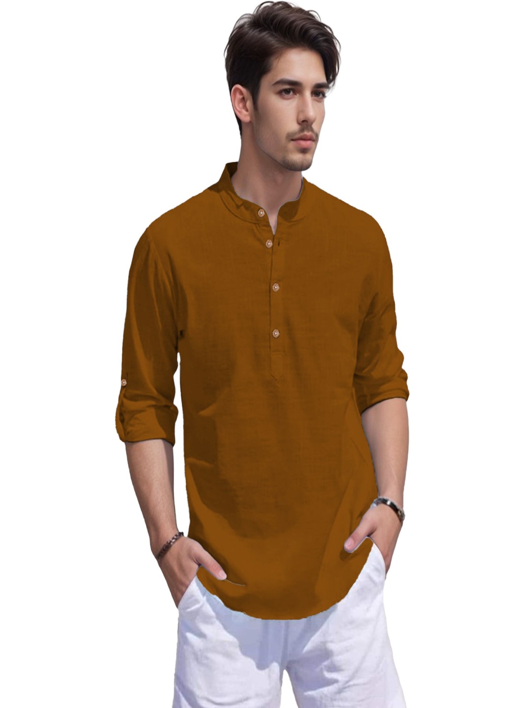 

EdinWolf Band Collar Pure Cotton Short Kurta, Brown