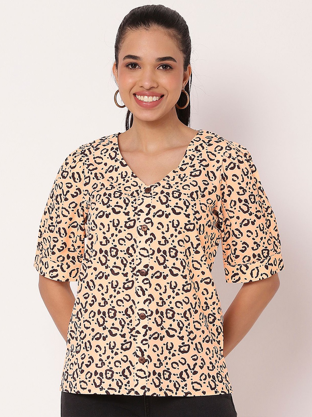 

Moomaya Animal Print Puff Sleeve Crepe Shirt Style Top, Orange