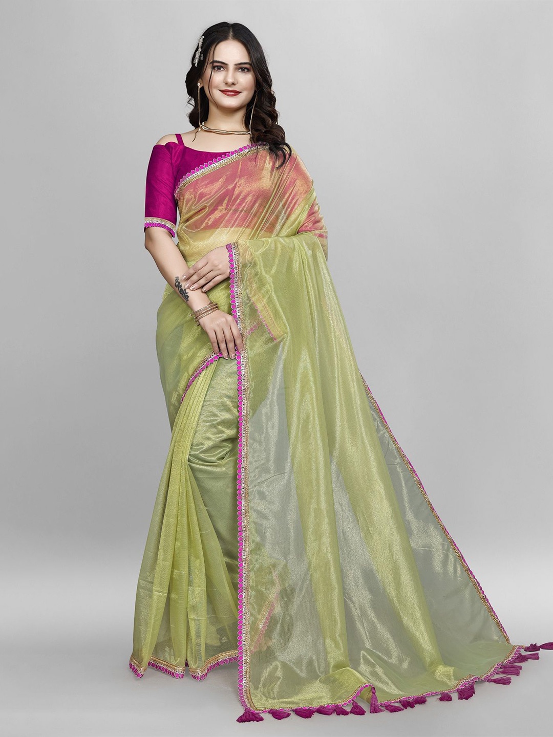 

APNISHA Net Saree, Olive