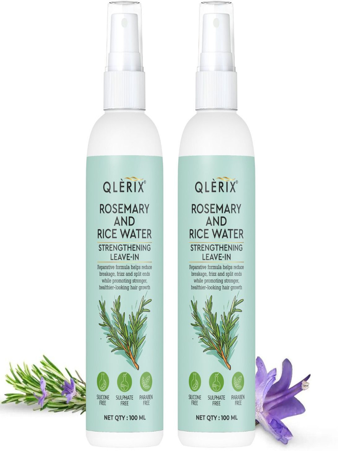 

QLERIX Set Of 2 Rosemary & Rice Water Leave-In Spray For Strengthening Hair - 100 ml Each, Transparent