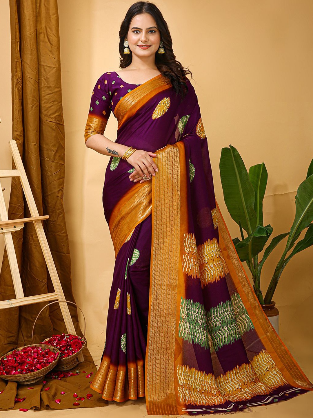 

Panzora Ethnic Motifs Printed Zari Saree, Purple