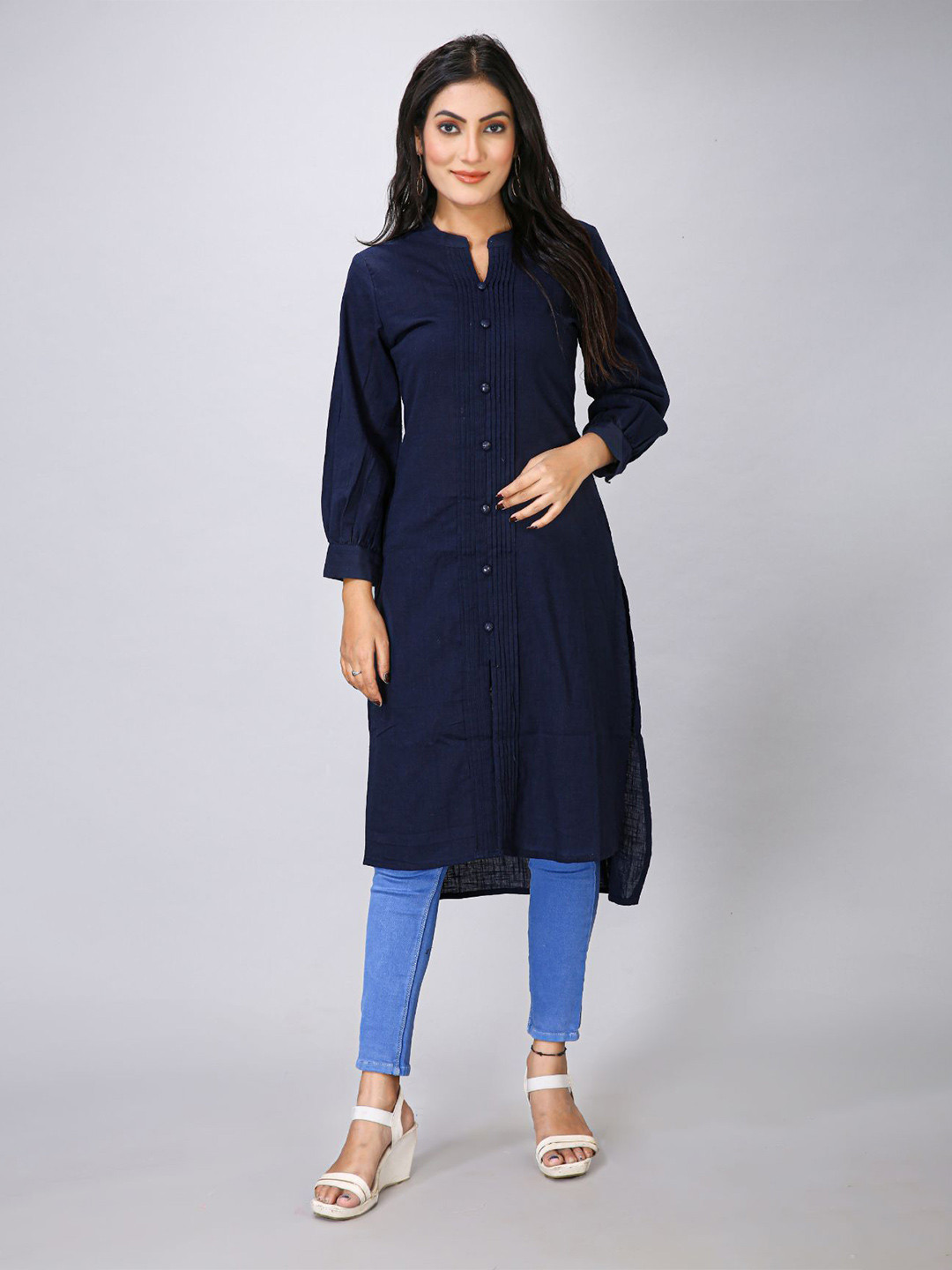 

Krimmple Women Mandarin Collar Puff Sleeves Kurta, Navy blue