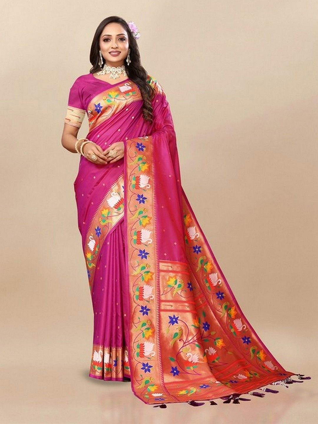 

VARNI FABRICS Woven Design Zari Pure Silk Paithani Saree, Rose