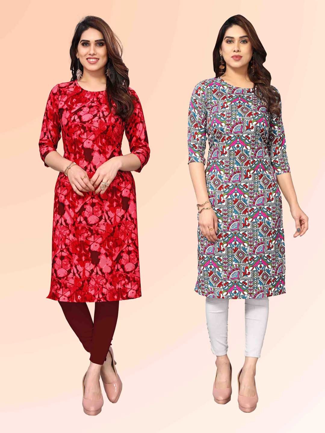 

KETAKI FASHION Selection Of 2 Abstract Printed Round Neck Straight Kurtas, Red