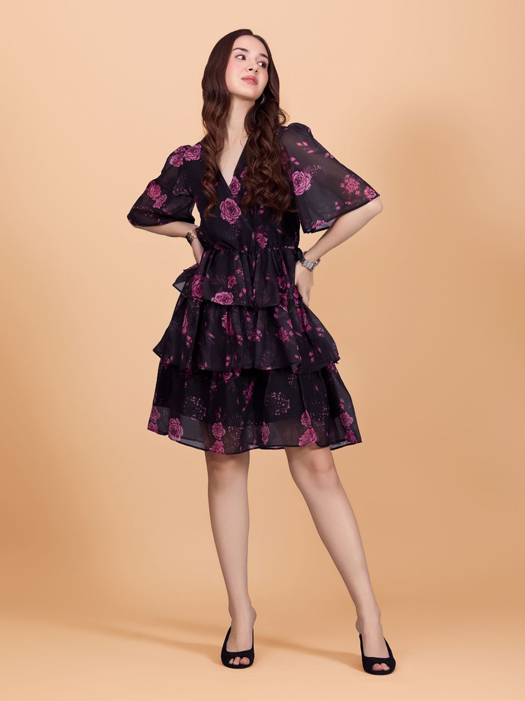 

DressBerry Women Floral Print Georgette Above-Knee Dress, Black