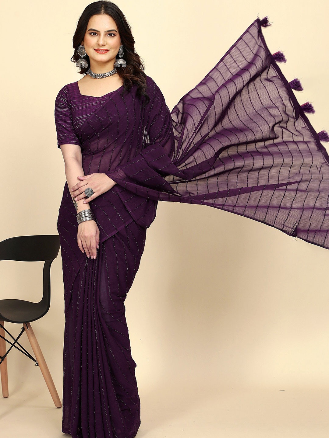 

K 5 Fashion Striped Embroidered Pure Chiffon Saree, Purple