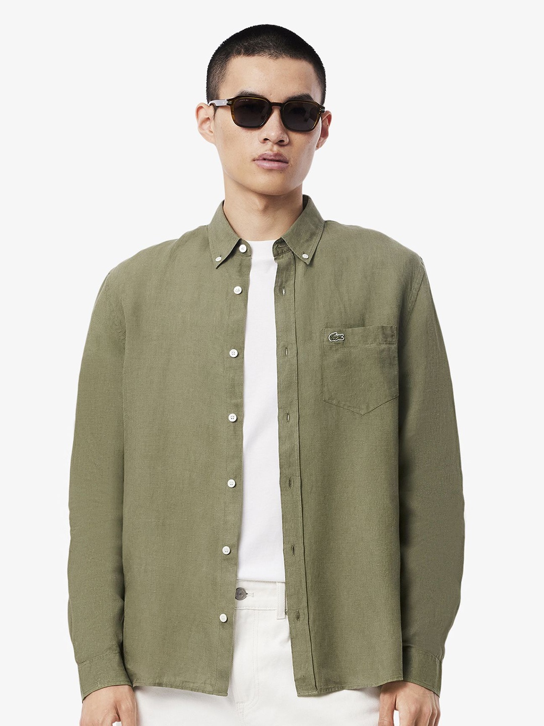 

Lacoste Men Button-Down Collar Solid Linen Casual Shirt, Olive