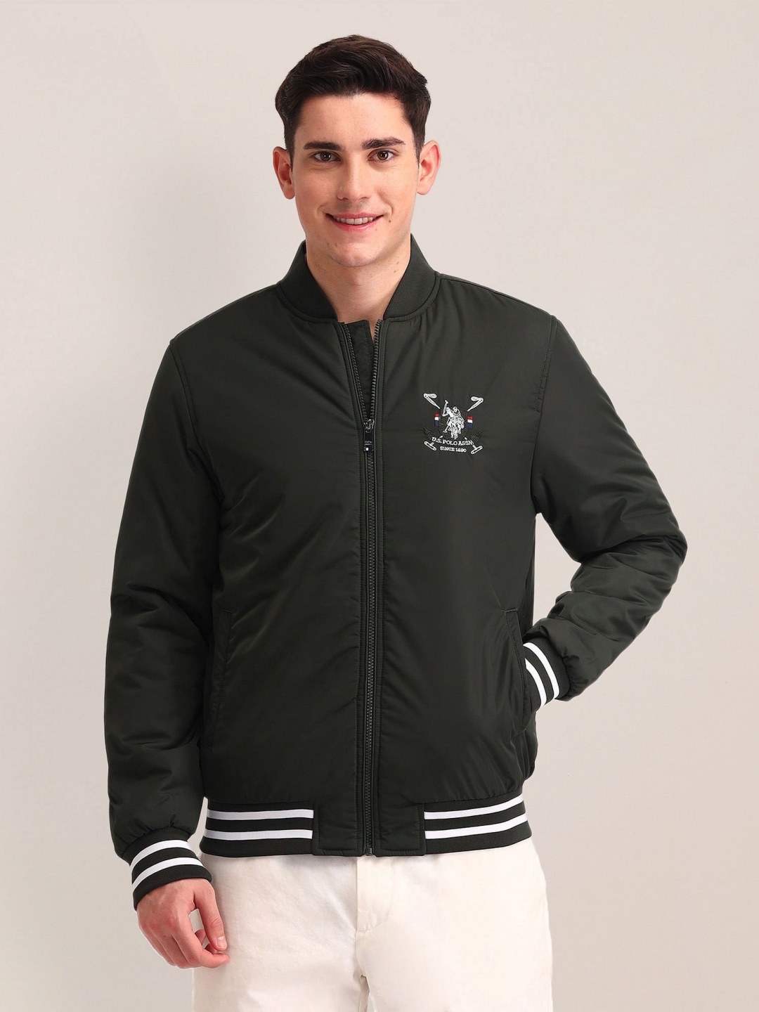 

U.S. Polo Assn. Men Stand Collar Solid Casual Bomber Jacket, Green