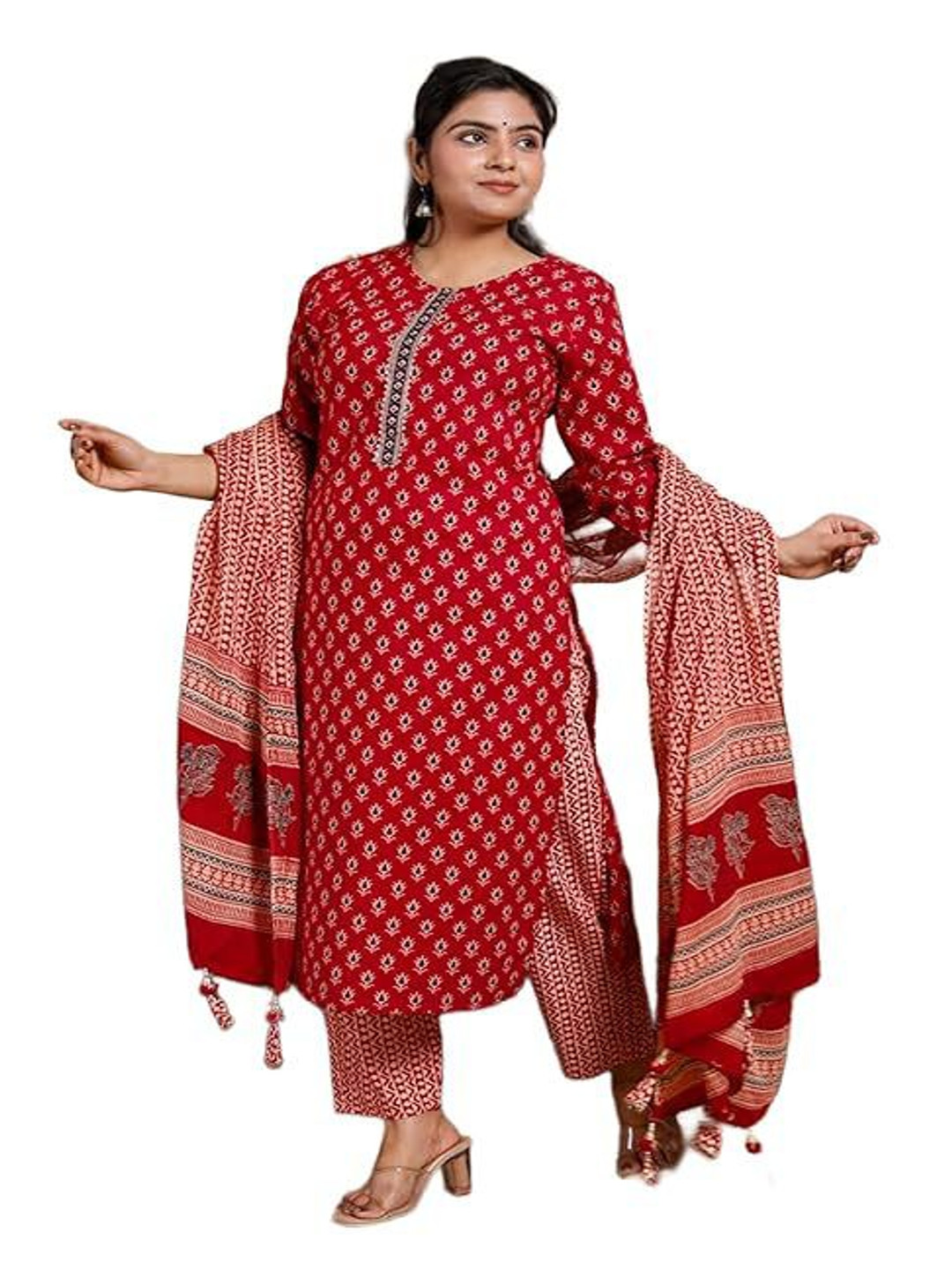 

Khatri Creations Floral Printed Round Neck Pure Cotton Kurta With Trouser And Dupatta, Red